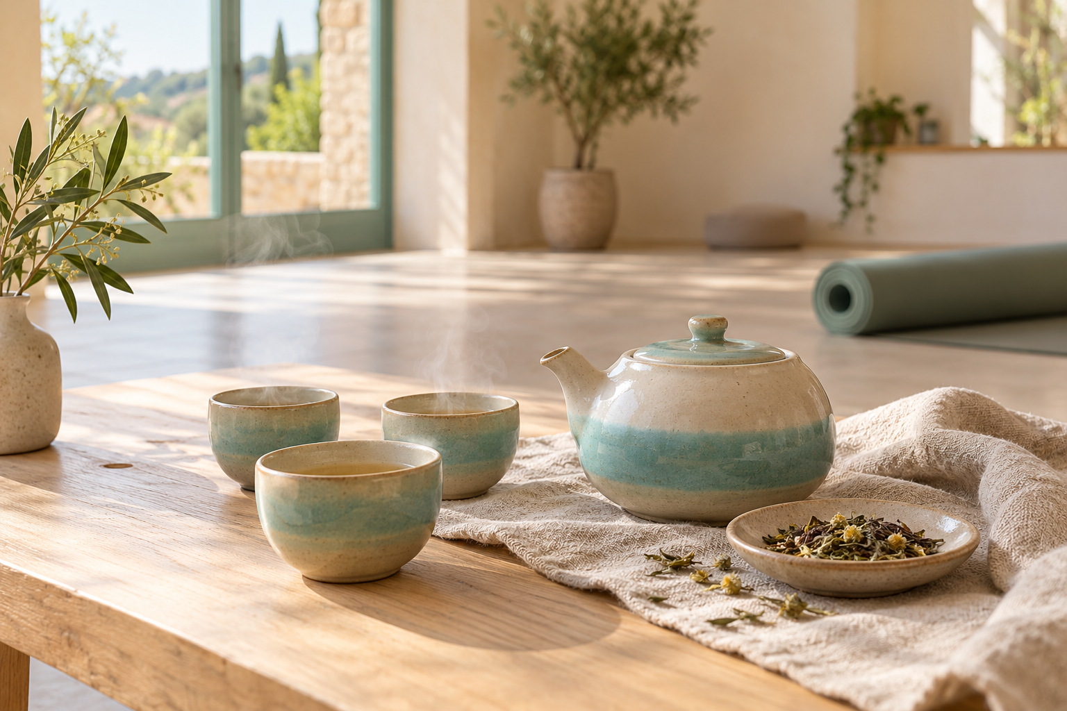Visuel d’ambiance : théière et tasses en céramique turquoise, lumière douce et tapis de yoga