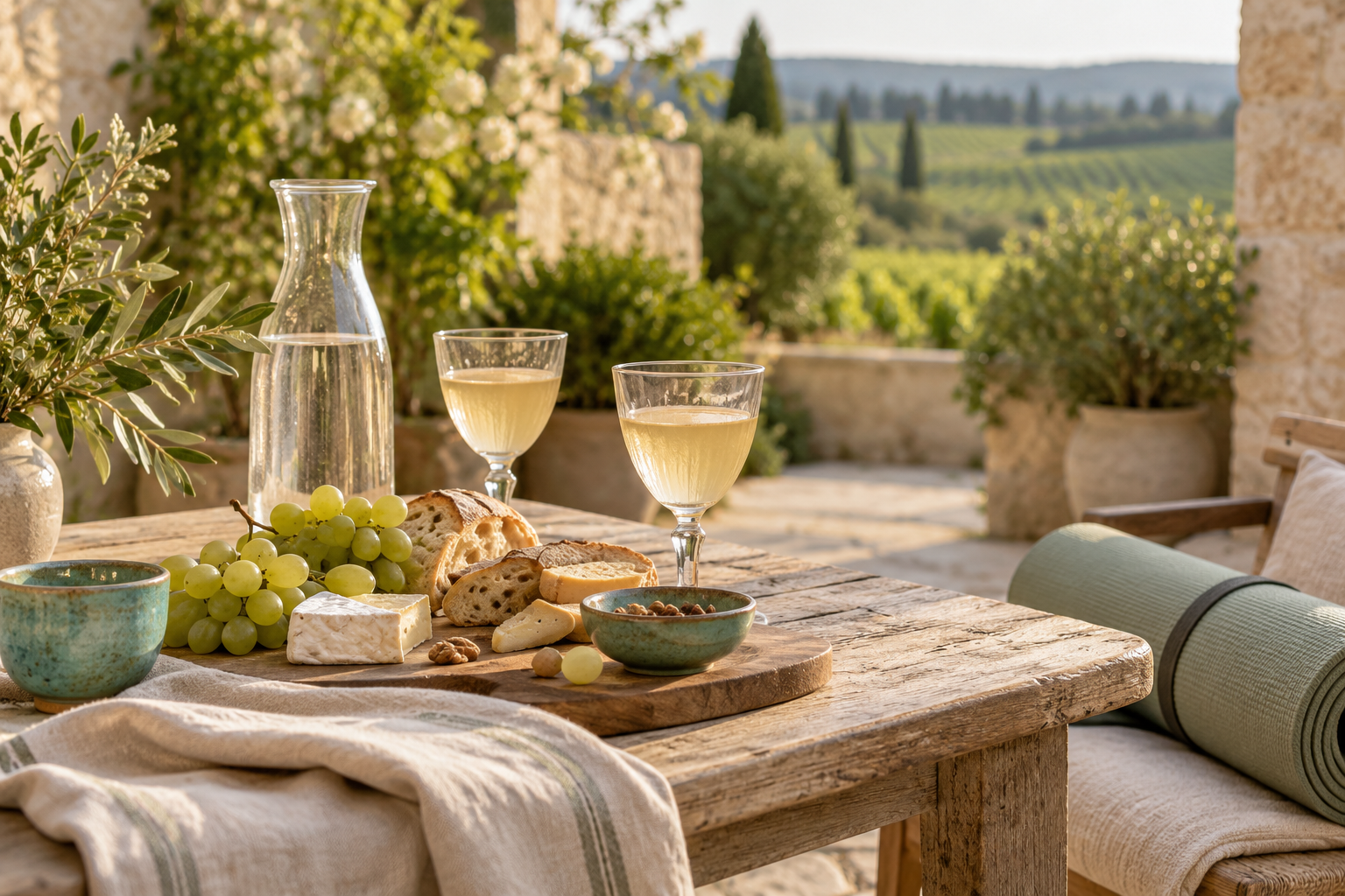 Visuel d’ambiance : table conviviale, produits à partager et tapis de yoga dans une cour bourguignonne
